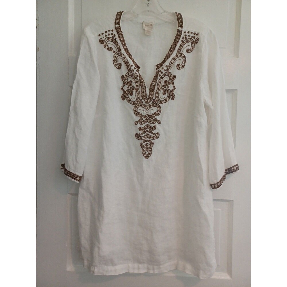 Chico's beaded white linen tunic 1/M boho beach resort summer embellished blouse